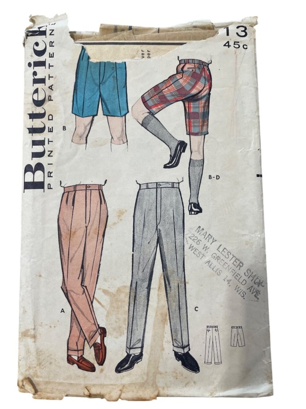 Vintage 50s Butterick 8813 Sewing Pattern Mens Pants & Bermuda Shorts Retro CUT